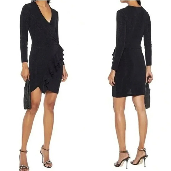 IRO Hime Shimmer Ruffle Bodycon Dress Wrap Black Sparkle Cocktail Size 42/XL - Picture 2 of 11